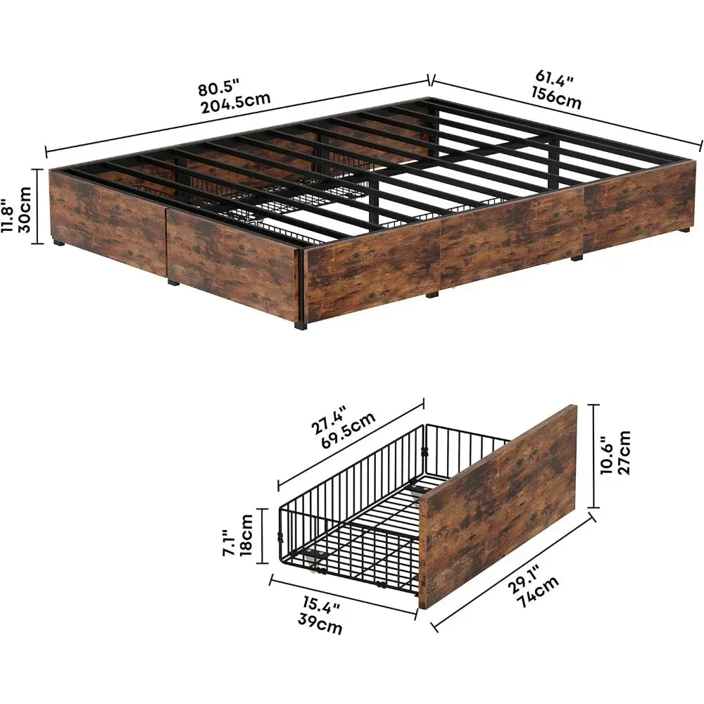 Queen Size Bed Frame, 4 Drawers And Heavy Strong Metal Support Frames