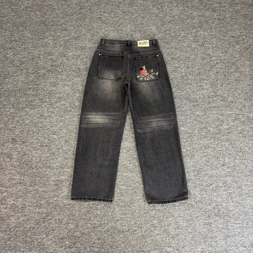 Cartoon Anime Embroidered Wide Leg Straight Leg Jeans American Style Trendy High Street Men's Jeans Casual Comfortable Fit