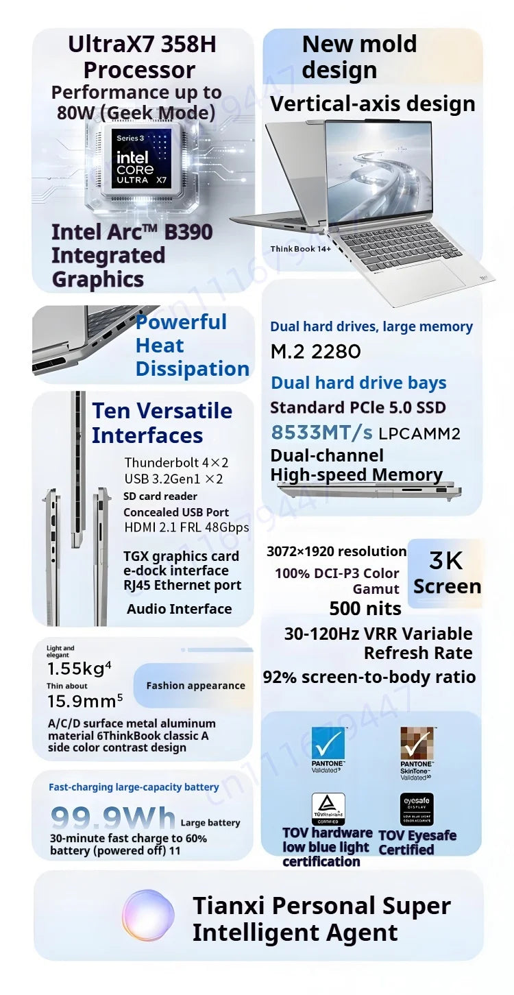 LENOVO ThinkBook 14+ 2026 Intel Core Ultra X7 358H  32GB LPCAMM2 1TB Intel Arc B390 14.5-inch 3K IPS Screen Win11Pro Notebook PC