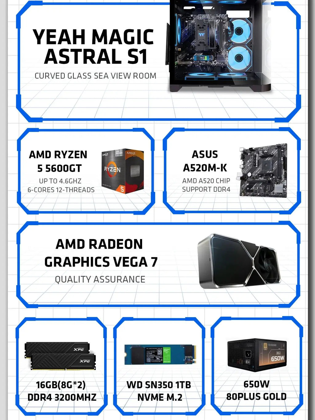 YEAH MAGIC  AMD Ryzen 5 5600GT  Gaming Desktop 16GB(8G*2) DDR4 3200 1T NVME SSD ARGB 7 Fans Win 11 Home Gamer Desktop PC in US