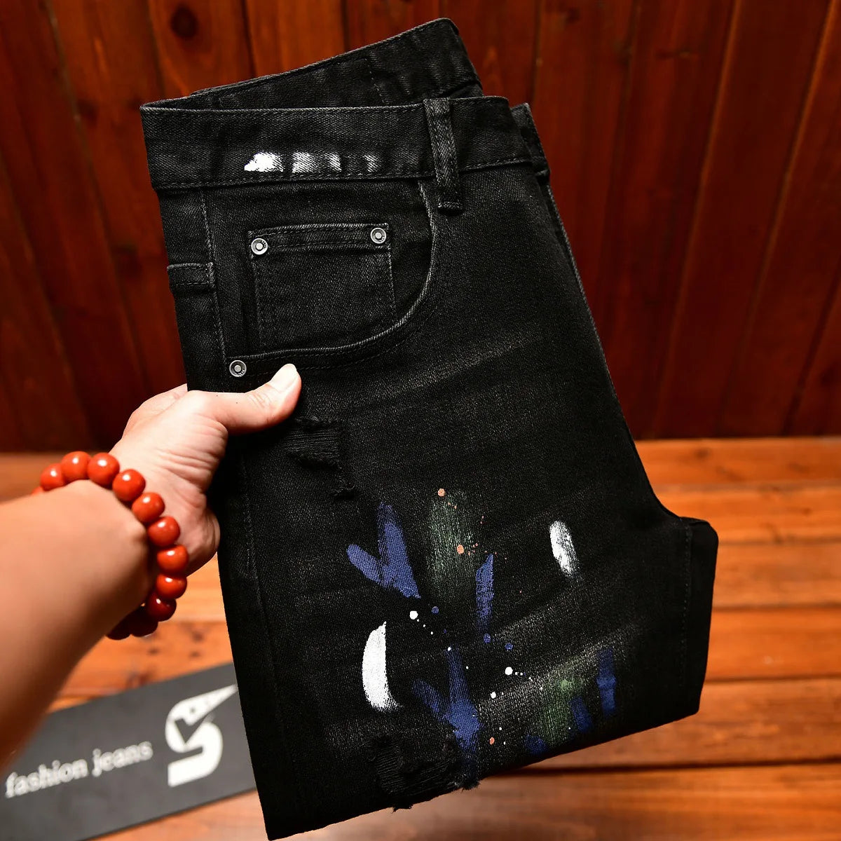 2025 Autumn American Fashion Black Jeans Men's Slim Fit Version with Piercing Patch Paint Printed Street Trendy Pants