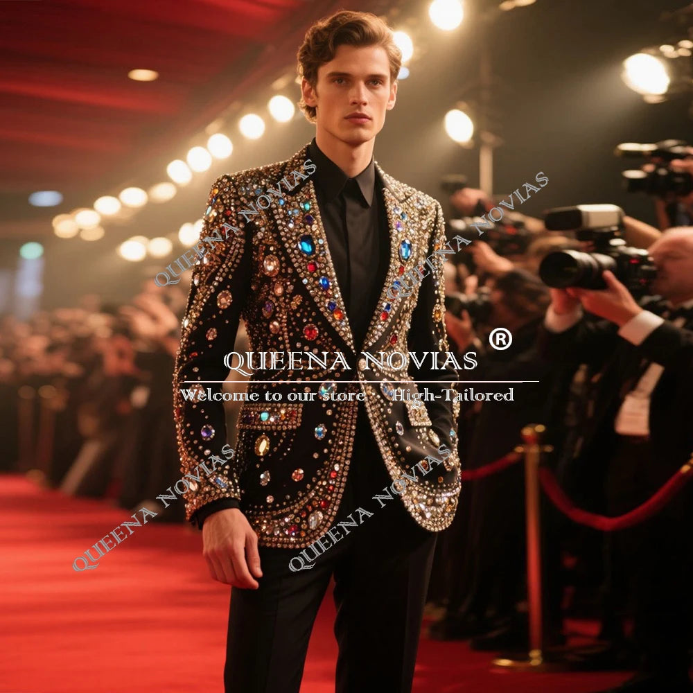 Customized Stones Beaded Wedding Suit For Men 2 Pieces Sets Costume Homme Groom Tuxedo Single Breated Slim Fit Male Party Blazer