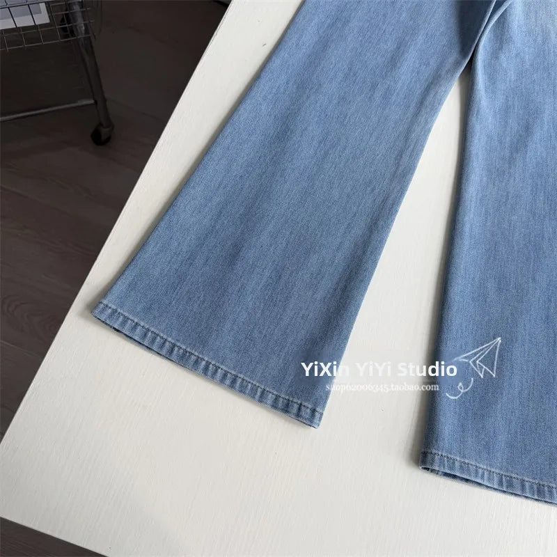 Summer Thin High Waist Slimming Bell Bottom Jeans Women's Fashion Korean Anime Leg Transformation Nine-Piece Micro Flared Denim