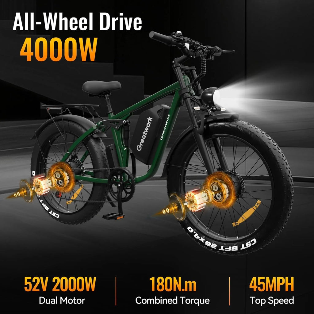DUAL MOTOR 5000W Electric Bike for Adults 26" Fat Tire 45MPH Off-Road E-bike