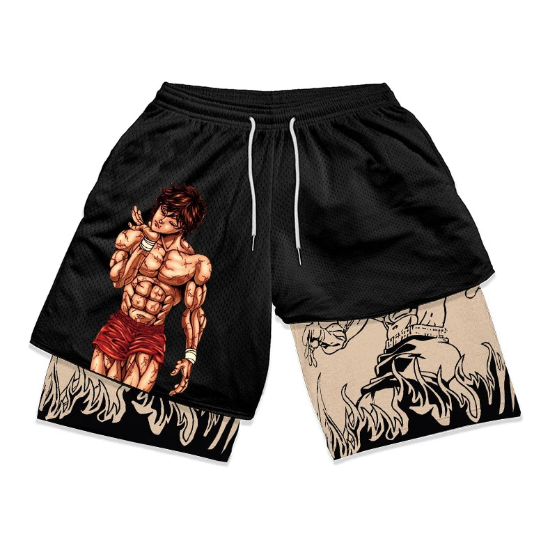 Anime Baki Hanma Gym Workout Shorts for Men Athletic Quick Dry 2 in 1 Compression Shorts Cosplay Costume