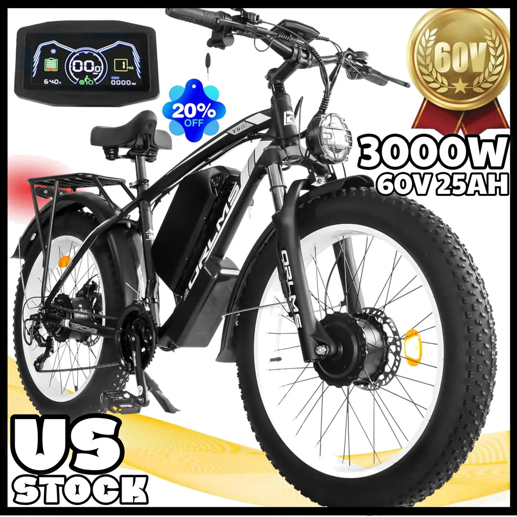 3000W E-Bike 60V 25Ah Dual Motor 38 MPH 26" Fat Tire Electric Bicycle for adults