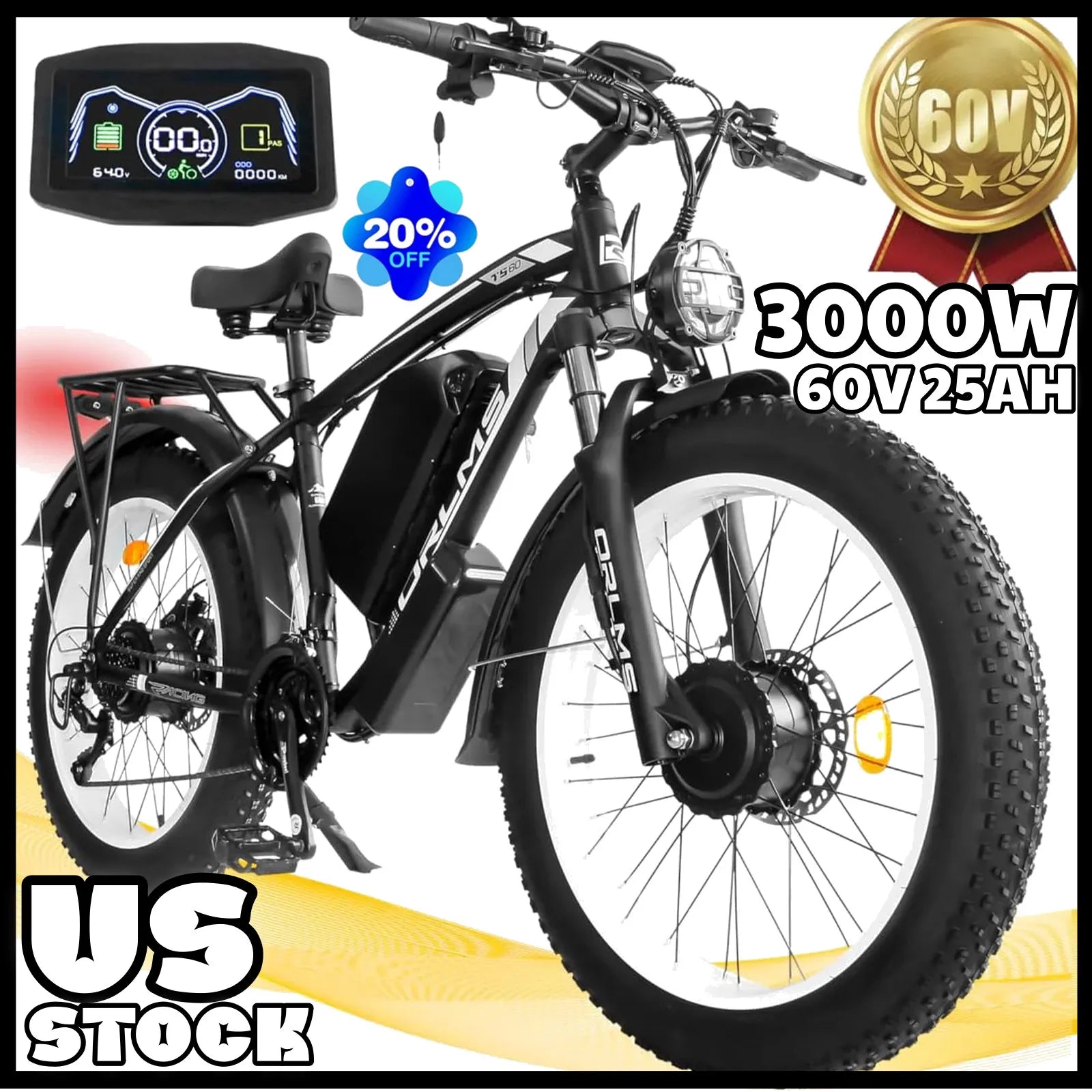 3000W E-Bike 60V 25Ah Dual Motor 38 MPH 26" Fat Tire Electric Bicycle for adults