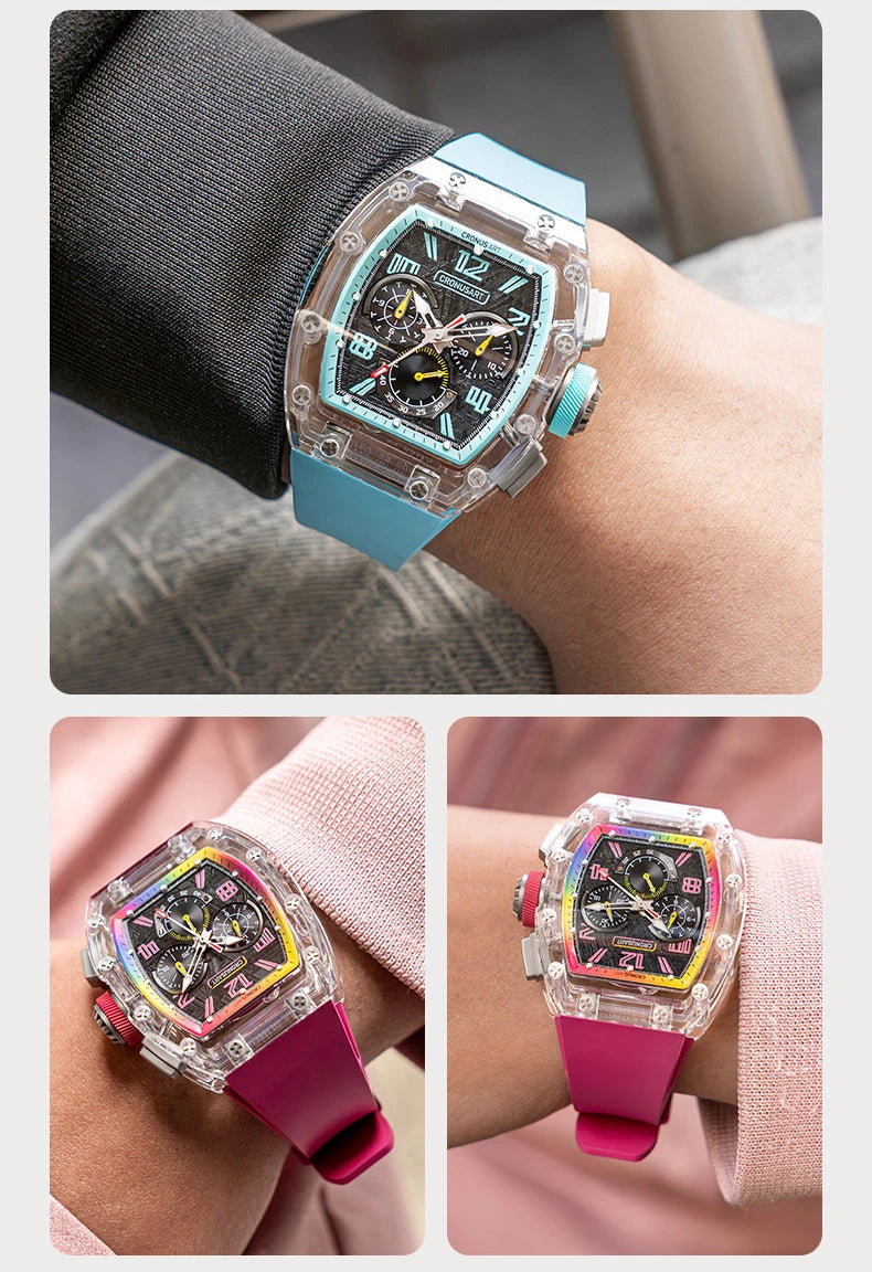 CRONUSART Men Automatic Watch 50mm Tonneau Chronograph Mechanical Wristwatch 5ATM Luminous Sapphire Case & Mirror Meteorite Dial