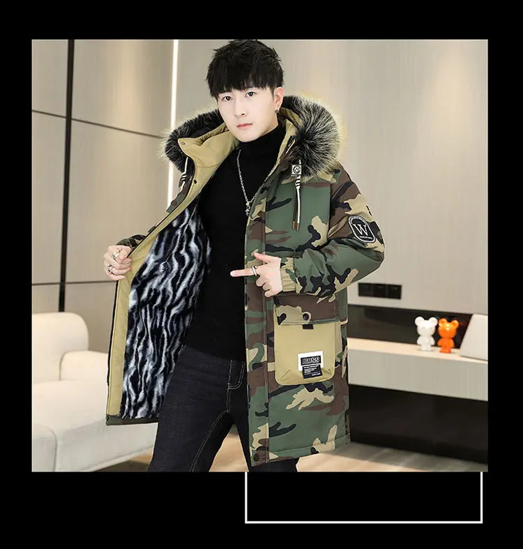 Fashion Mid-Length Camouflage Warm Parkas Winter Men's High Street Wear Windproof Hooded Plush Jackets Outdoor Thick Fleece Coat
