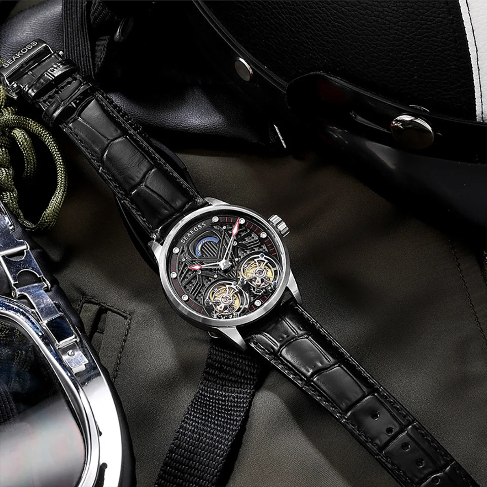 SEAKOSS Luxury Skeleton Men's Tourbillon Manual Mechanical Watches Double Tourbillon Luminous Hands Watch for Men Sapphire Glass
