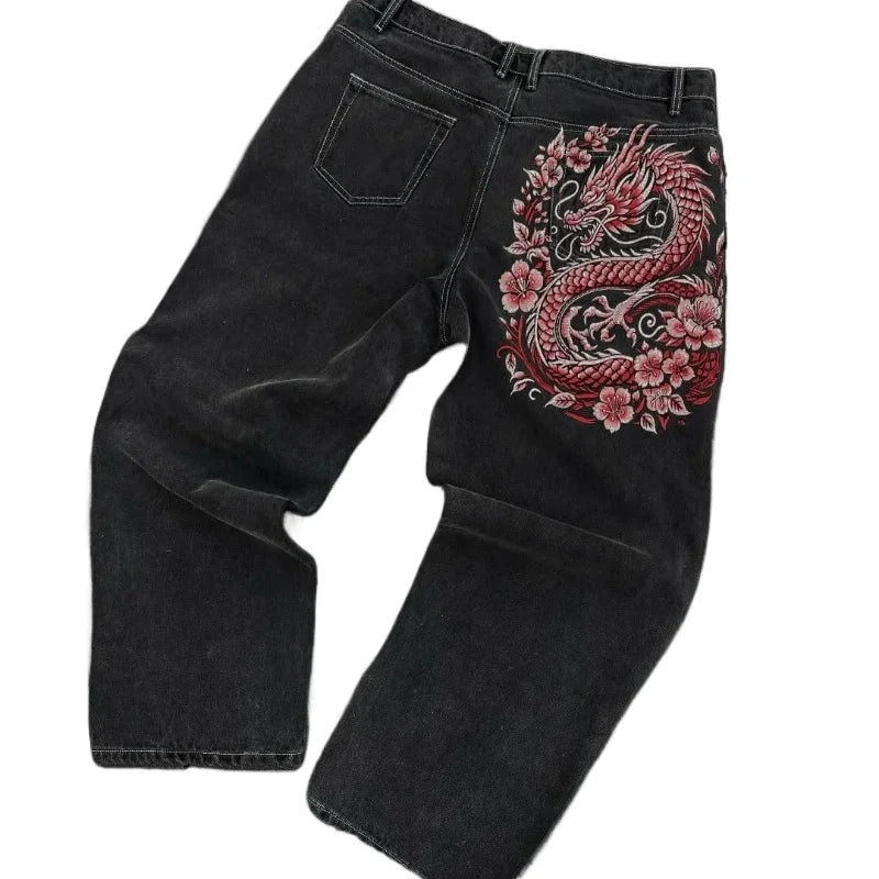 American Retro Hip-Hop Cherry Blossom Dragon Embroidery Baggy Jeans For Men and Women Y2K New Gothic Hip-Hop Casual Street Wear