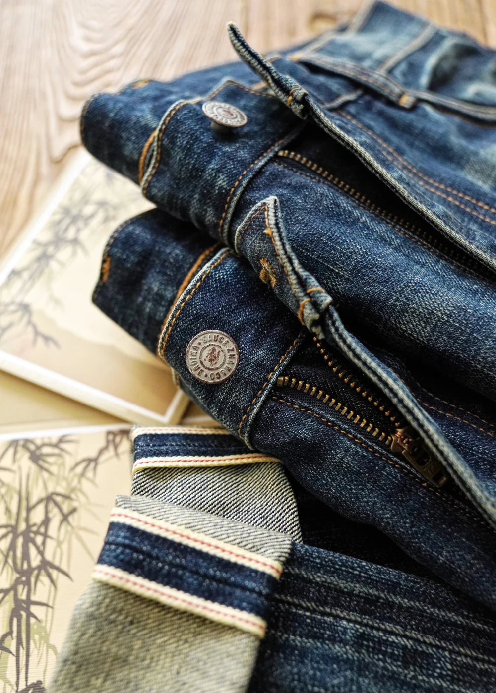 Sauce zhan Bamboo shaped yarn Mens Jeans Selvedge Denim Jeans Distressed Wash jeans for men Straight Fit 14 Oz