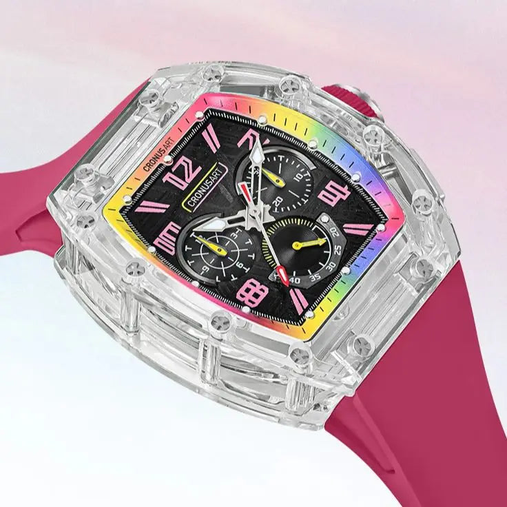 CRONUSART Men Automatic Watch 50mm Tonneau Chronograph Mechanical Wristwatch 5ATM Luminous Sapphire Case & Mirror Meteorite Dial