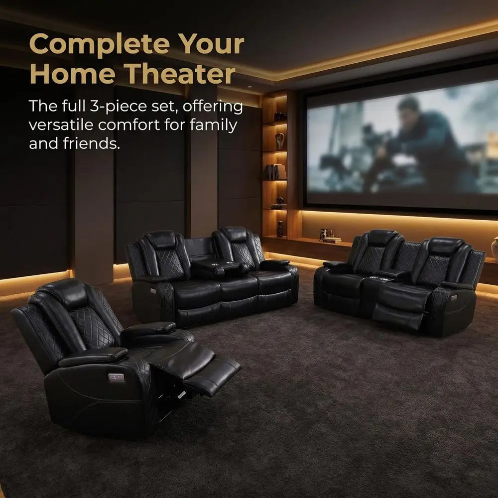 2-Piece Leather Power Reclining Sofa Set with USB Ports, LED Lighting and Storage, Ergonomic Sectional Couch, Home Theater Seati
