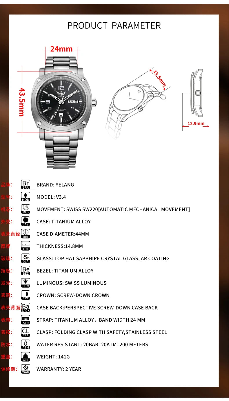YELANG Men Automatic Watches Titanium Alloy Case H3 T100 Gas SelfLuminous 200M Waterproof Mechanical Wristwatch Sapphire V3.4