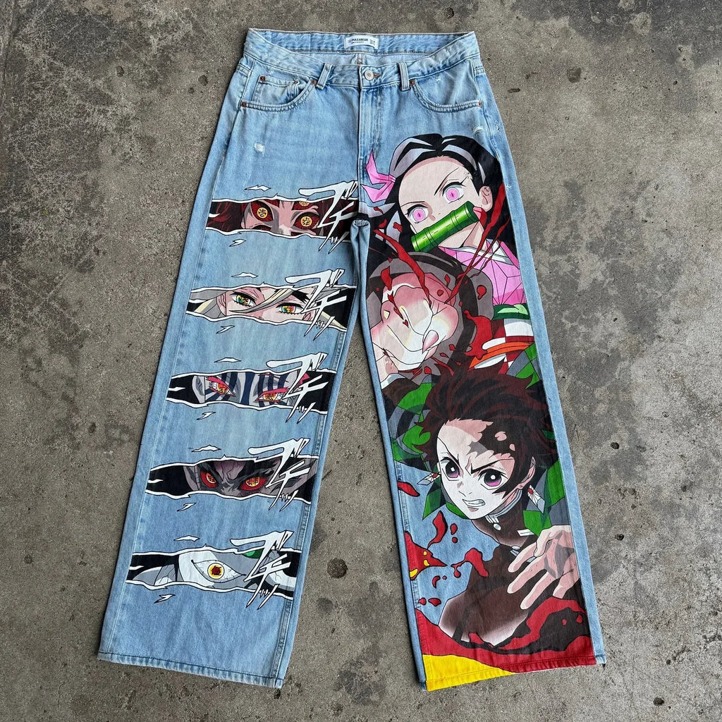 Y2K Japanese Cartoon Printed Classic Men And Women New Trend Blue Denim Jeans Hip Hop Harajuku Fashion Loose Oversize Streetwear