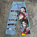 Y2K Japanese Cartoon Printed Classic Men And Women New Trend Blue Denim Jeans Hip Hop Harajuku Fashion Loose Oversize Streetwear