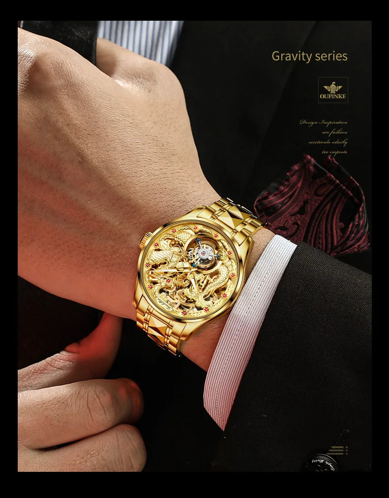 100% Golden Dragon OUPINKE 3176 True Tourbillon Watch Brand Luxury Tungsten Steel Men Automatic Mechanical Watch Reloj Hombre