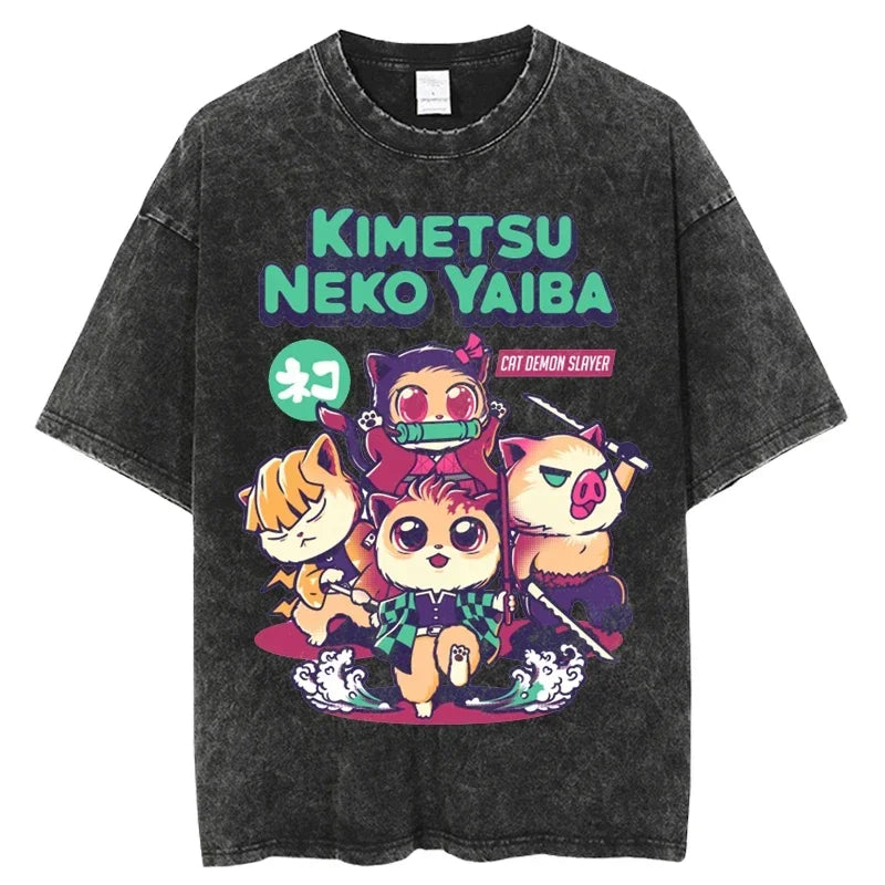 2025 Kimetsu no Yaiba Japanese Anime T Shirt Harajuku Man T Shirts Tees Shirt Tops Design Washed Black Short-Sleeve unisex top