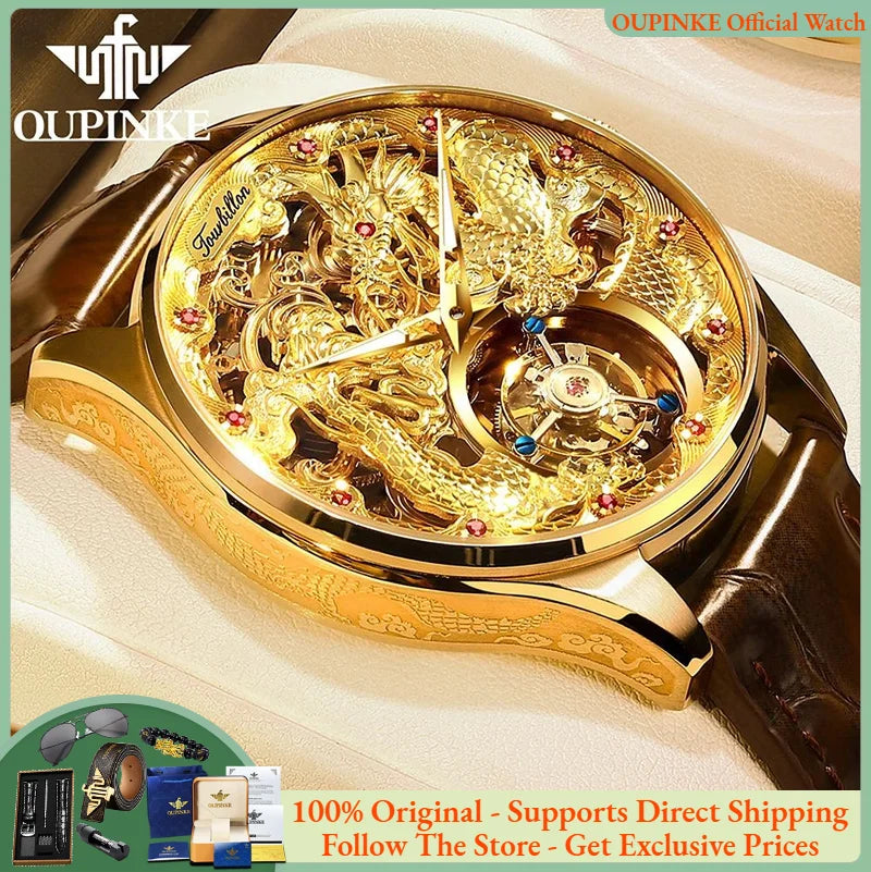 100% OUPNKE 3176 Authentic Tourbillon Men Watch Luxury 3D Relief Golden Dragon Watch Original Mature Automatic Mechanical Watch