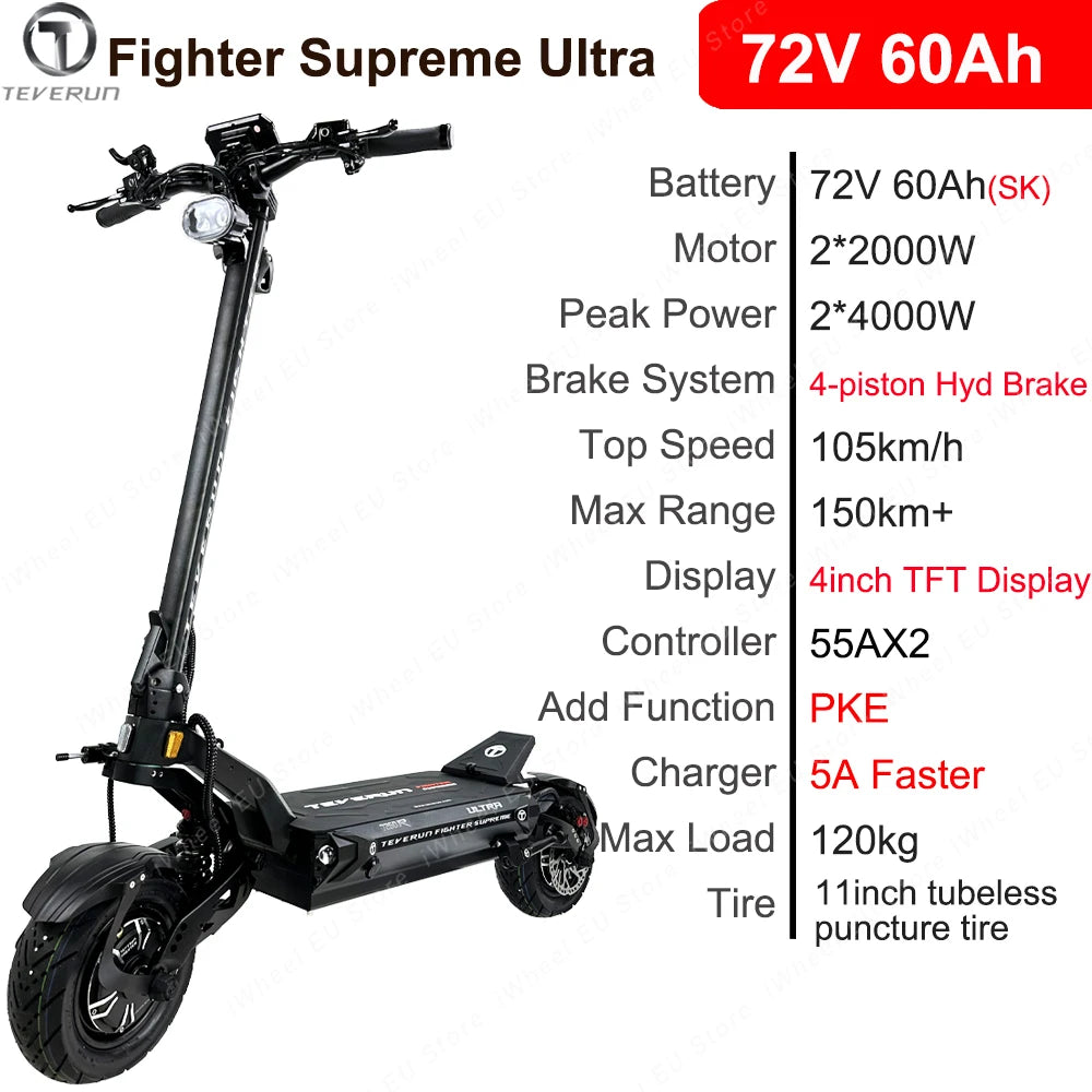 Original Teverun Fighter Supreme Ultra 72V 60Ah Battery New 4inch TFT Display Top Speed 105km/h Teverun Electric Scooter