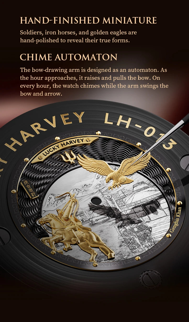 Lucky Harvey 3D Hero Genghis Khan Chiming Watches Guilloché Relief Dial Motion Movement Limited Automatic Mechanical Wristwatch