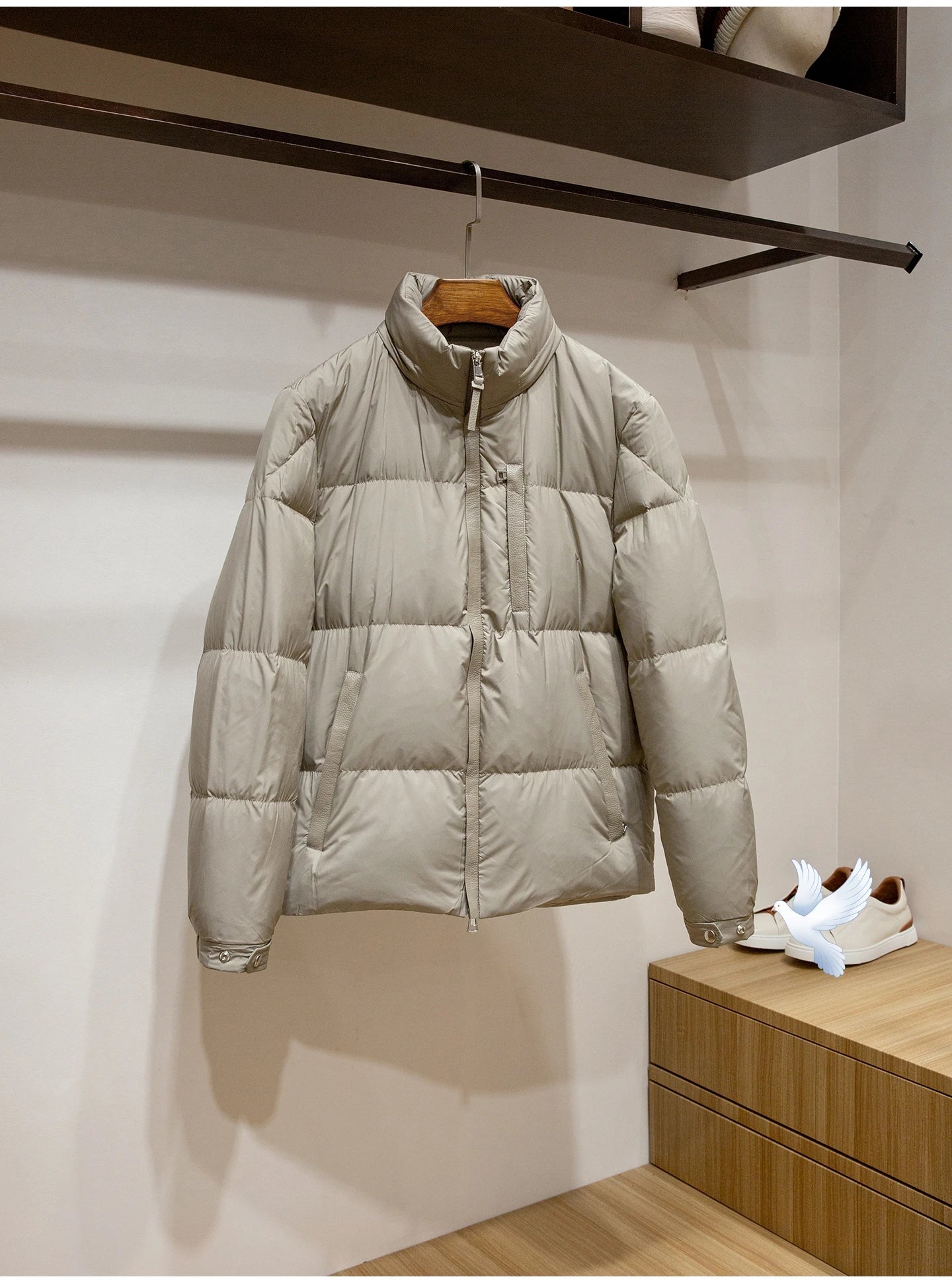 Men's High-Fluffy White Goose down Jacket Urban Outdoor Casual Hooded Stand-Up Collar Warm Filled Coat