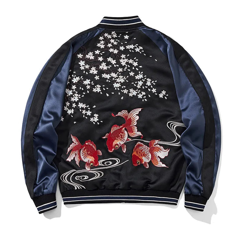Cherry Blossom Embroidered Jacket Boys Top Spring and Autumn Japanese Sukajan Koi Fish Sakura Embroidered Satin Bomber Jacket