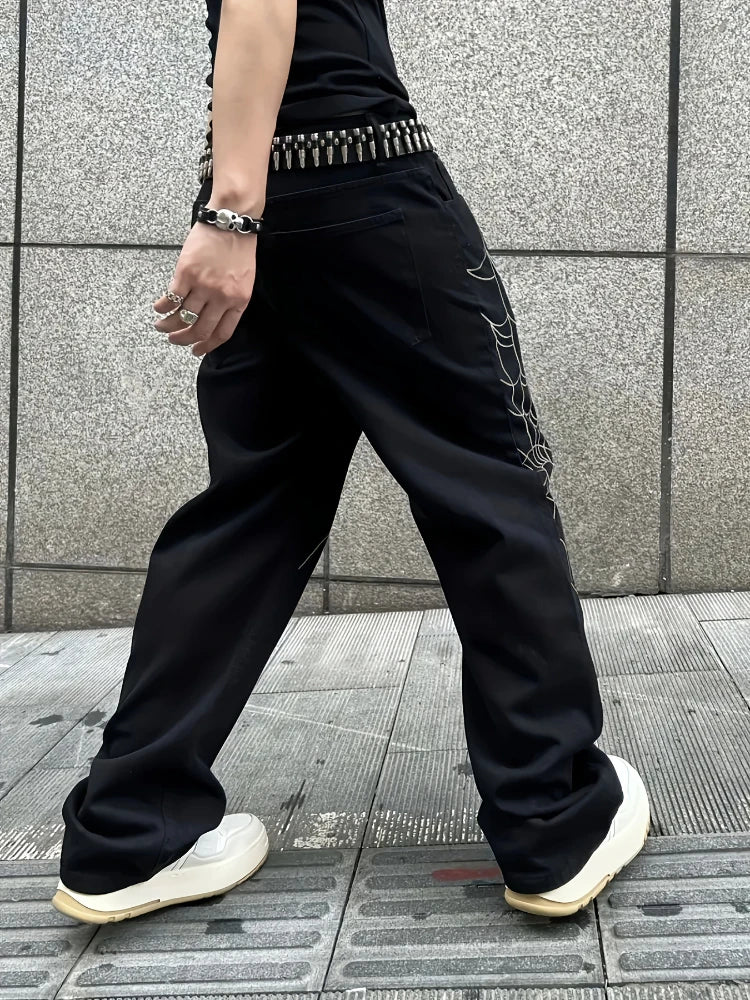 Men's Black Jeans Spider Web Printing Loose Wide Leg Casual Daily Trousers High Street Fashion Trendy Streetwear Denim Pants