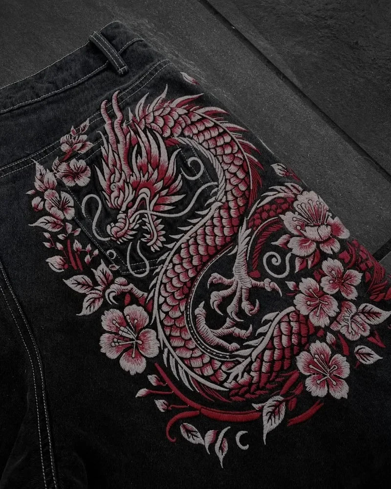 American Retro Hip-Hop Cherry Blossom Dragon Embroidery Baggy Jeans For Men and Women Y2K New Gothic Hip-Hop Casual Street Wear