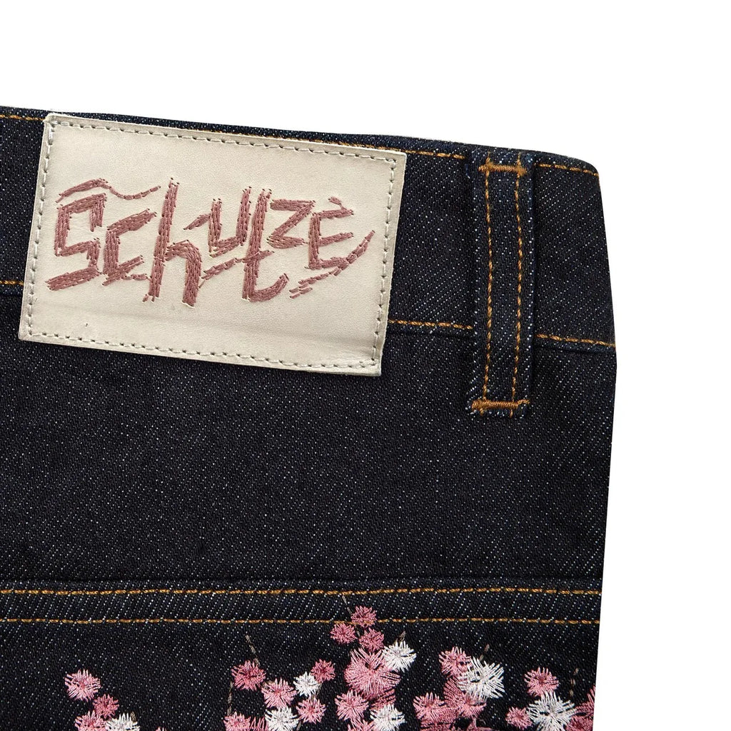 Y2k Vintage Baggy Fallen Knight Cherry Blossom Embroidery Jeans Men Women Fashion Straight Wide-leg Denim Pants Streetwear Jean