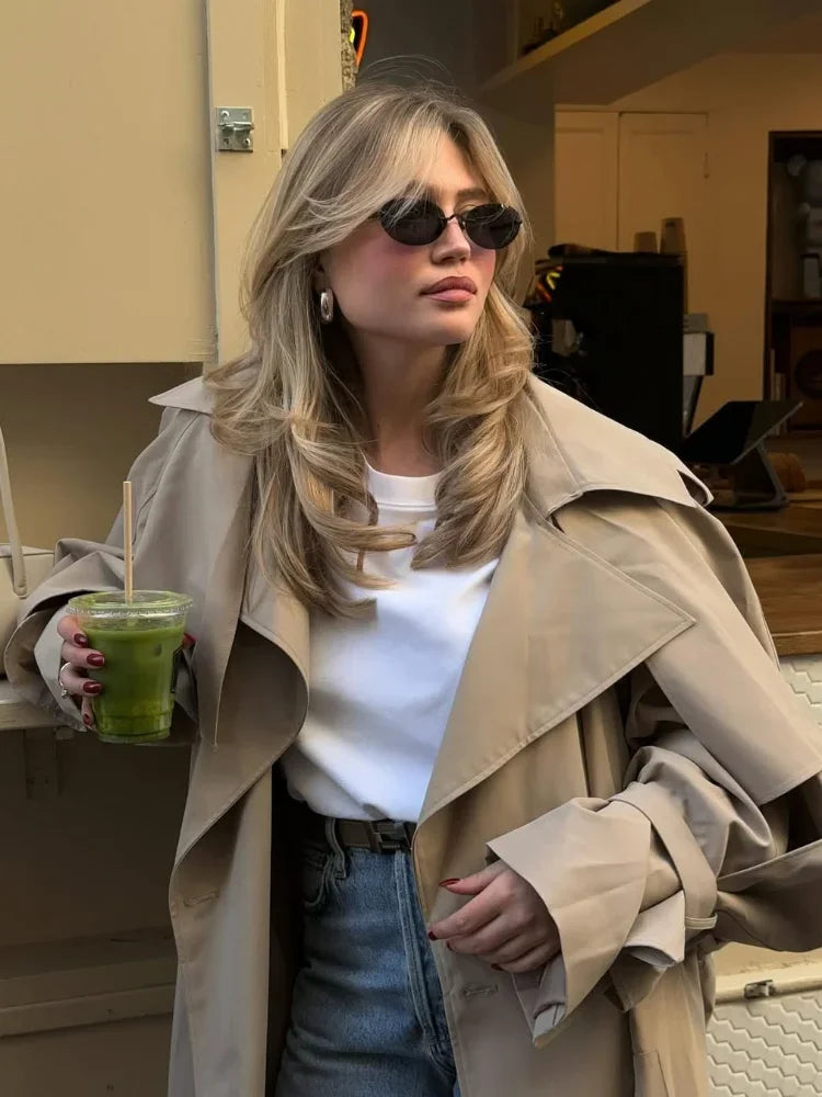Solid Lace Up Long Trench Coat Women Fashion Full Sleeve Lapel Single Breasted Loose Outerwear 2026 Lady Spring High Street Coat