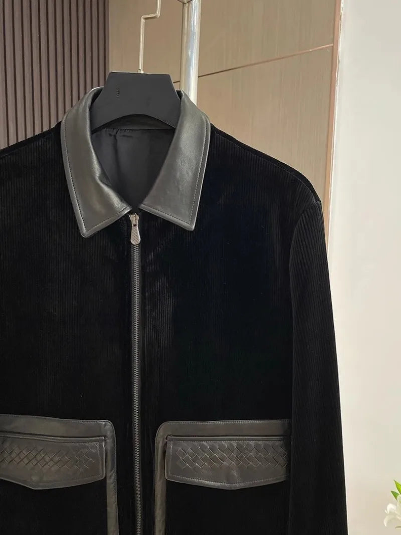 Design Business Mens Velvet Jacket Zipper Spliced Genuine Leather Casual Outerwear Loose Fit Long Sleeve Spring Autumn Men Coats