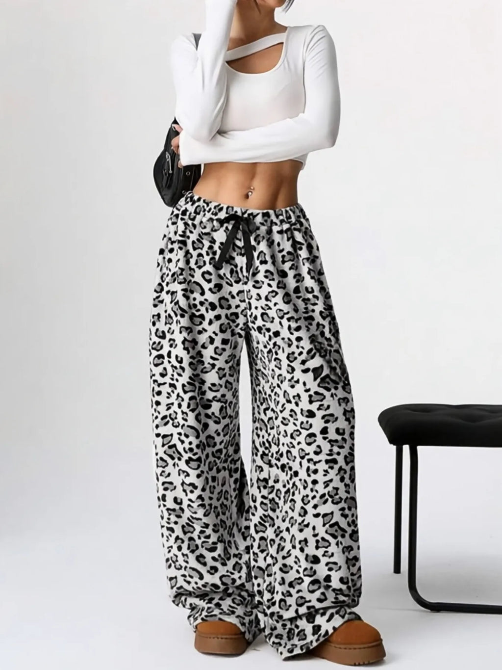 Women Casual Trousers Elastic Waistband Drawstring Tie Pajama Bottoms Leopard Print Wide Leg Lounge Pants