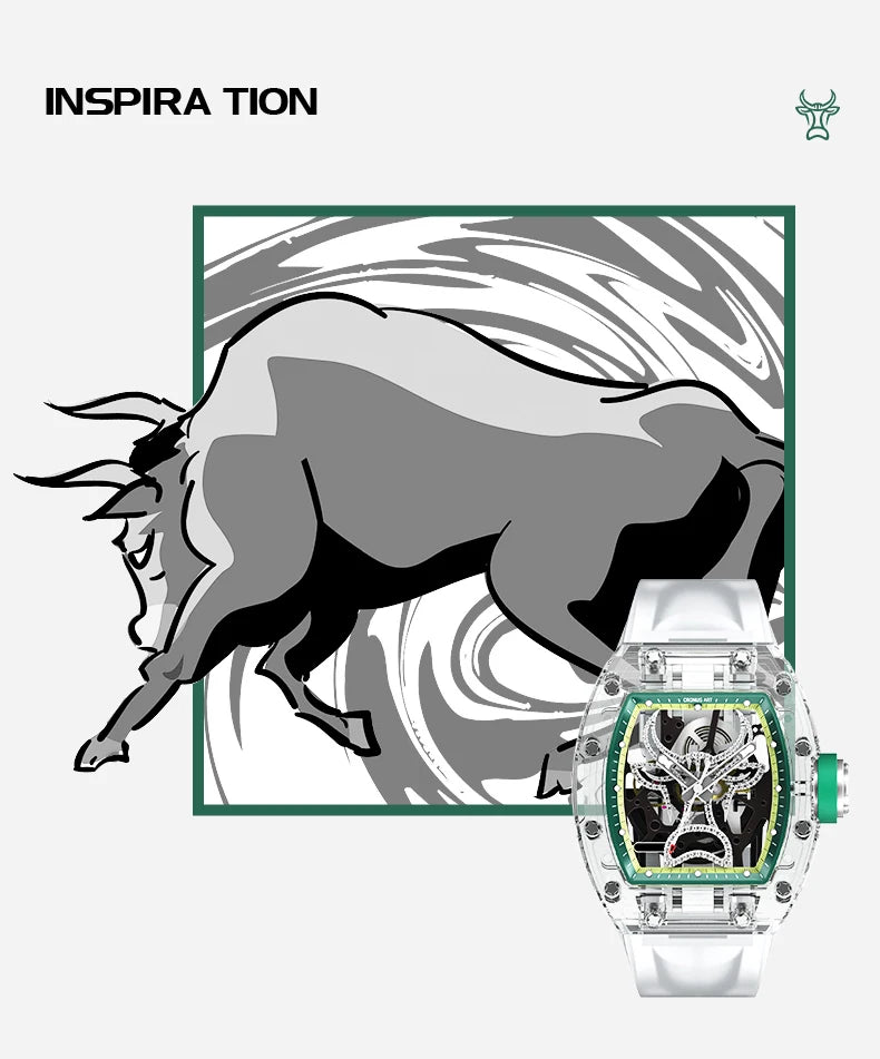 CRONUSART Men Automatic Watch 50mm Tonneau Mechanical Wristwatch Sapphire Case & Mirror Luminous FKM Strap Skeleton Bull Dial