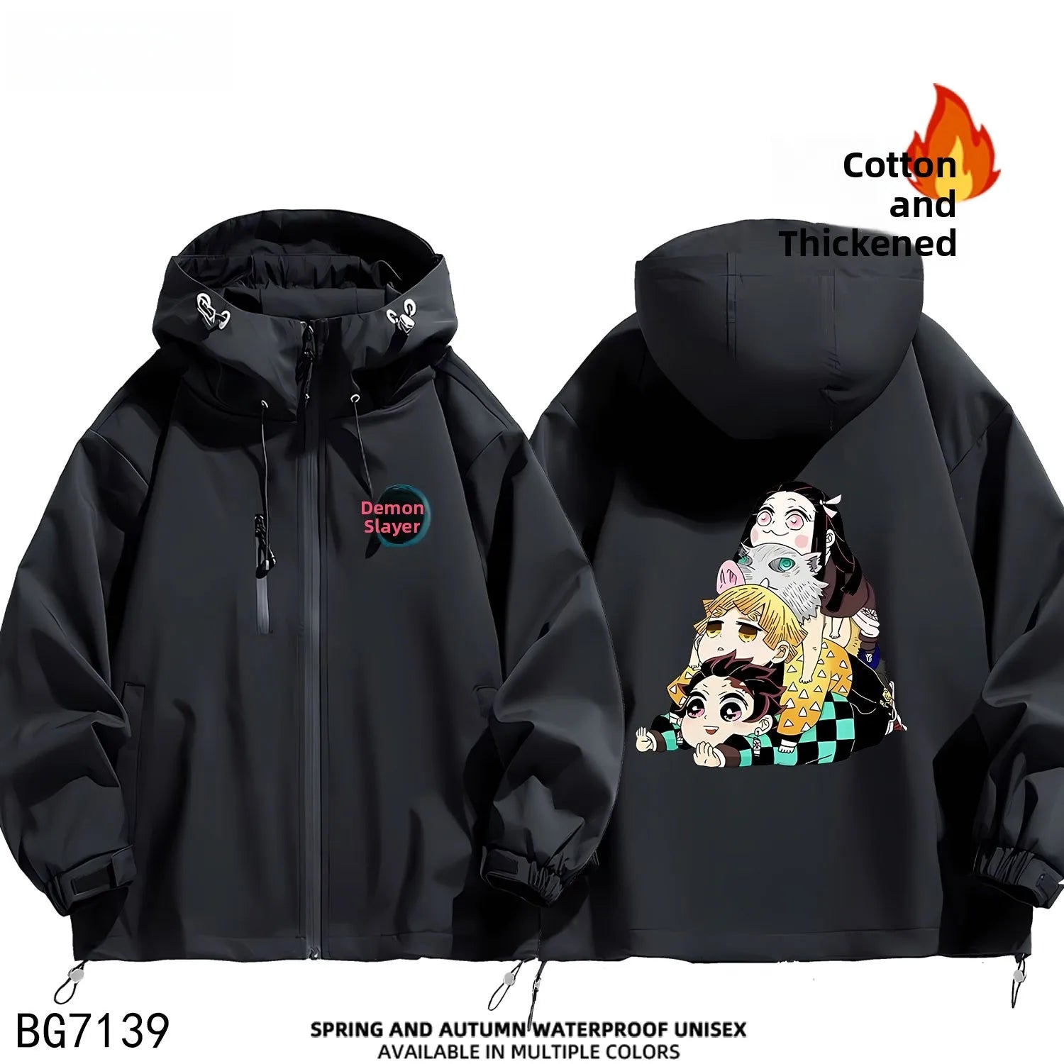 Ruike Men's Thiened Cotton Hooded Jaet Casual Outdoor Waterproof Spring Autumn Winter Anime Ghost Slayer Coat Jaet