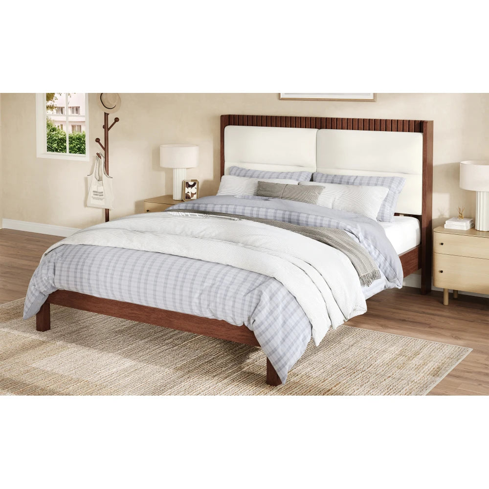 Solid Wood Queen Size Platform Bed Frame with Beige Velvet Upholstered Headboard, Espresso, No Box Spring Needed