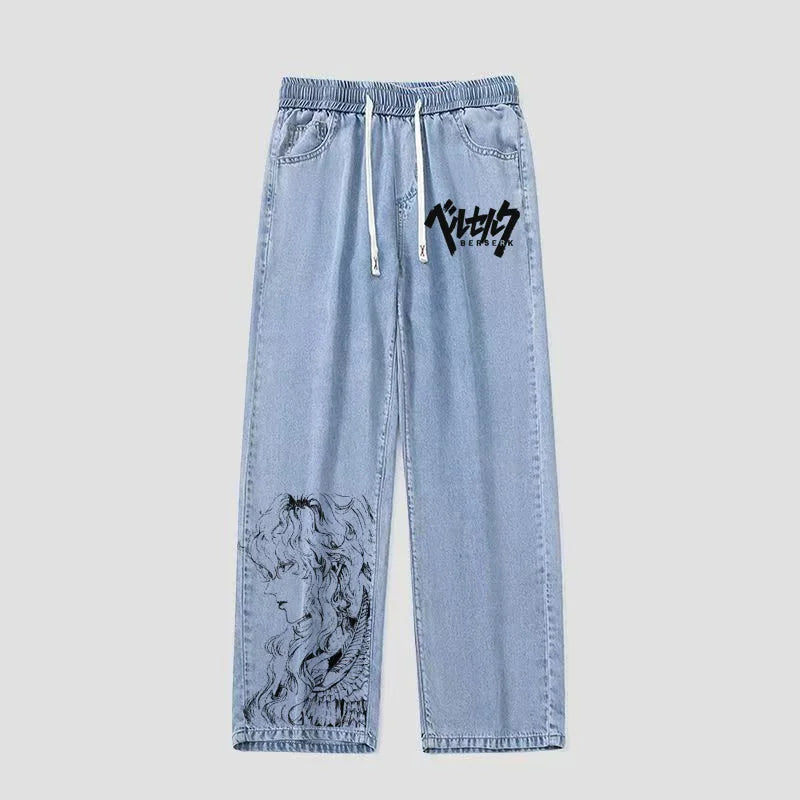 Hand-Dn Sketch ffith Pain Jeans Loose Fit Denim Pants for Teens And Students Sword Wind Legend Anime Casual Trousers