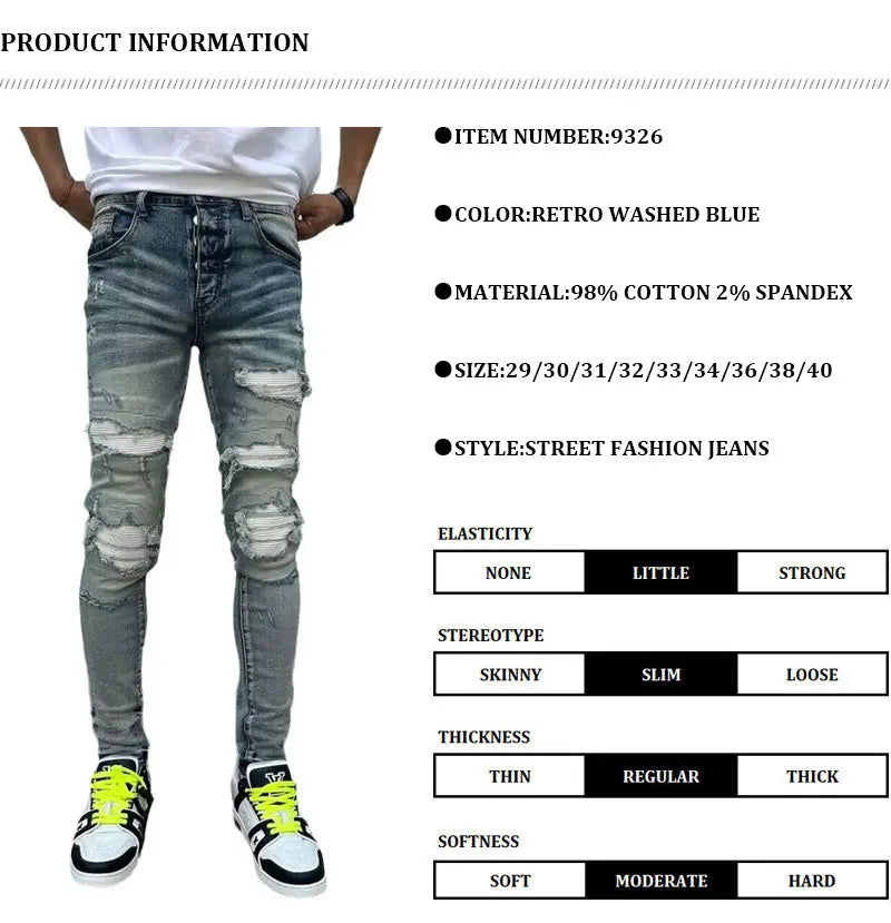 European and American designers fashion new men's jeans stretch slim fit retro light blue patchwork white patch jeans high stree