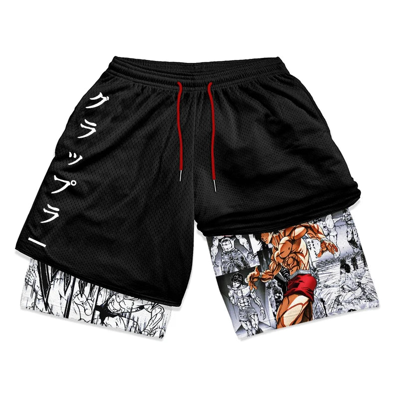Anime Baki Hanma Gym Workout Shorts for Men Athletic Quick Dry 2 in 1 Compression Shorts Cosplay Costume