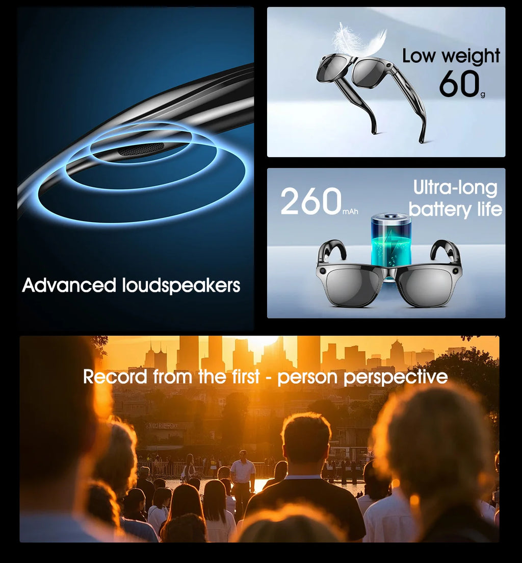 Smart Glasses 100W Camera Anti-shake Video Recording Music Control Photo Recognition Bluetooth Call Sports Sunglasses Waterproof
