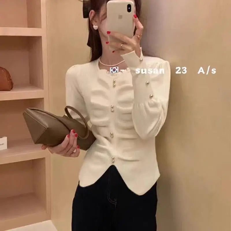 Pleated Slit Hem Contrast Patchwork Sweet Pullovers Women Clothing New Long Sleeve Fashion Sweaters Casual Korean Autumn Winter