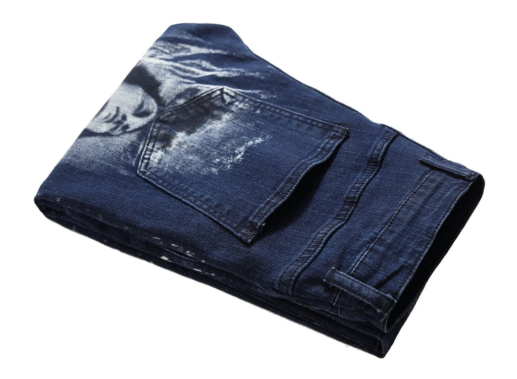 2026 Men's Blue 3D Printing Jeans, Black Wolf Pattern Printed Punk Straight Cotton Casual Print Denim Pants Asian Size 28-42