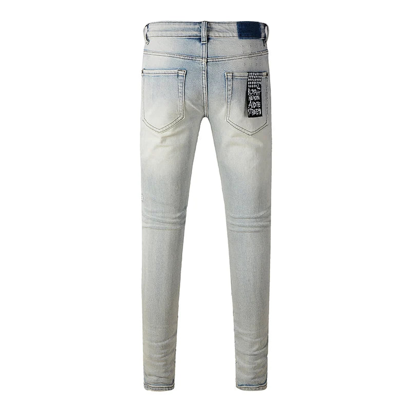 Men's High Street KSUBI Distressed Faded Blue Stretch Skinny Pattern Printing High Quality Button Fly Ripped Jeans Pants