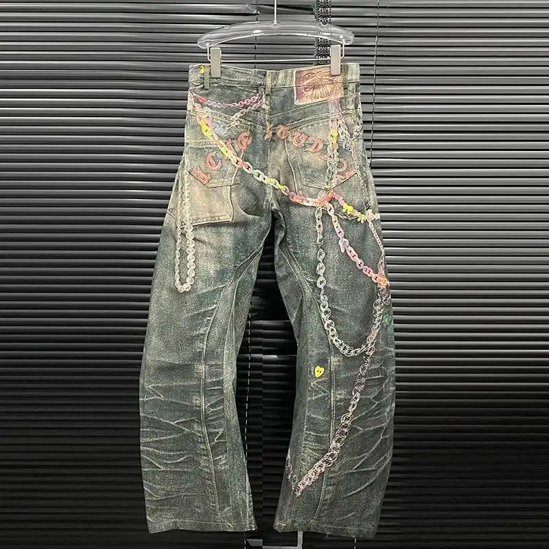 DEAT Fashion Women's 3D Chain Printed Contrast Color Jeans Niche Design High Waist Casual Denim Pants Female Trendy 11A04071