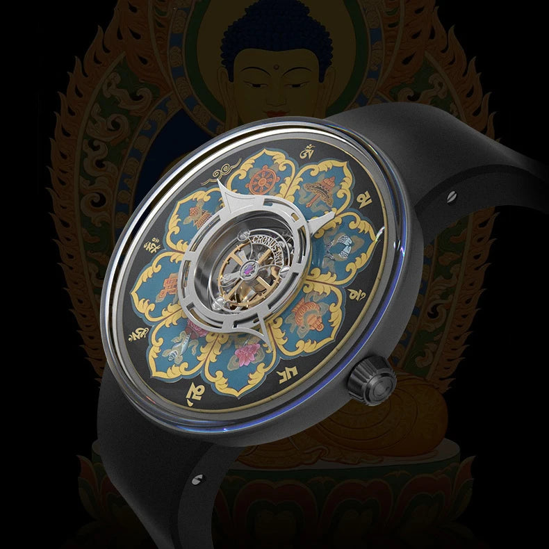 CRONUSART Men Tourbillon Watch 43mm Titanium Case Mechanical Wristwatch Luminous Tangka Enamel Dial Sapphire Mirror Skeleton
