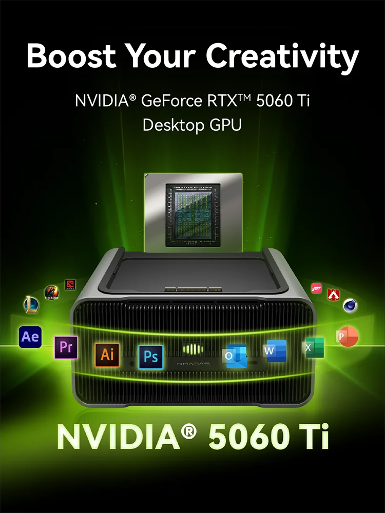 Khadas Mind Graphics 2 Geforce RTX 5060 Ti eGPU, GDDR7 External Graphics Card Docking Station, USB/2.5 Gbps/PD Charger/Mic/8K DP