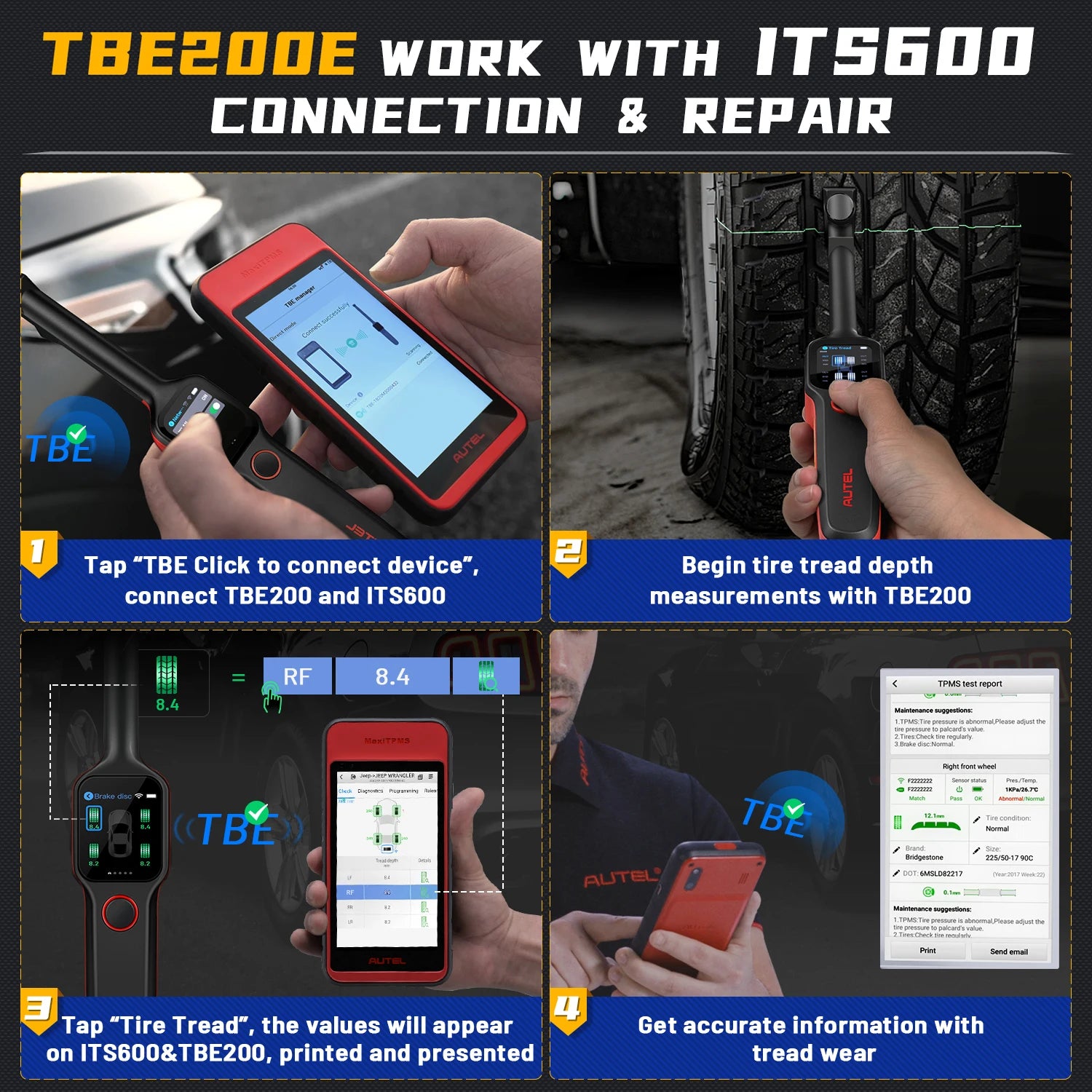 Autel MaxiTPMS TBE200E Tire Tread Laser Detector Brake Disc Wear Thickness Diagnostic Instrument Tool Compatible With ITS600