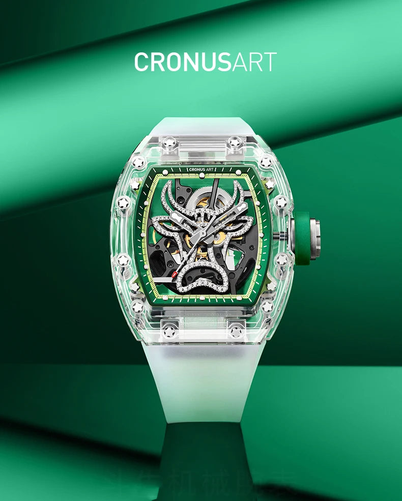 CRONUSART Men Automatic Watch 50mm Tonneau Mechanical Wristwatch Sapphire Case & Mirror Luminous FKM Strap Skeleton Bull Dial