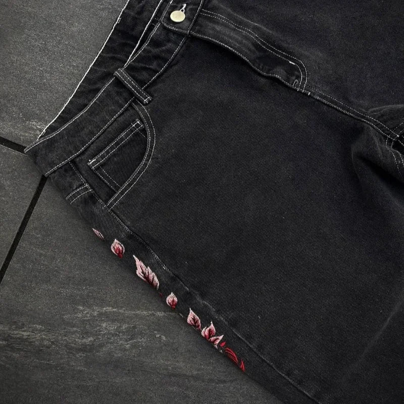 American Retro Hip-Hop Cherry Blossom Dragon Embroidery Baggy Jeans For Men and Women Y2K New Gothic Hip-Hop Casual Street Wear